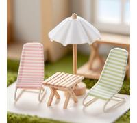 Minamzee Dollhouse Beach Chair Set,1:12 Mini 2 pcs Beach Longue Deck Chair,Foldable Table and A Sun Umbrella,Miniature Dollhouse Furniture Set for Craft Dollhouse Accessories (Pink + Green)