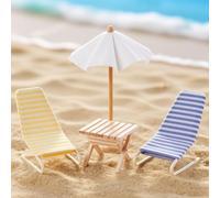 Minamzee Dollhouse Beach Chair Set,1:12 Mini 2 pcs Beach Longue Deck Chair,Foldable Table and A Sun Umbrella,Miniature Dollhouse Furniture Set for Craft Dollhouse Accessories (Blue + Yellow)