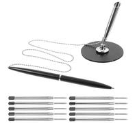 MINAOLULUS Rotating Metal Chain Signature Pen with 10 Refill Cartridges, Wear-resistant Vertical Desktop Writing Pen for Office, Bank Counter, and Reception Use Random Color