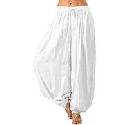 MINASAN Unisex Harem Trousers Women's Trousers Large Size - Plain Harem Trousers Summer Yoga Trousers Aladdin Trousers Baggy Harem Style with Elastic Waistband White Size: Large