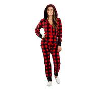 MINASAN Women's Pyjamas Jumpsuit Christmas One Piece Pyjamas with Hood Autumn Winter Adult Cosy Jumpsuits Homewear, Checked Red, M
