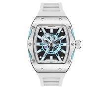 MINBER Skeleton Automatic Watch, 43mm Dial with Luminous Hands, Self Winding Watch, 3 ATM Waterproof, Business Casual Sporty Design Men's Watch, with Rubber Strap, White(M8009G), Classic