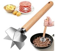 Mince Masher 304 Stainless Steel, Wooden Handle Ground Beef Meat Chopper with 6-Blade Head, Heat-Resistant Hamburger Meat Masher, Meat Shredder Potato Masher Tool for Kitchen Cooking Vegetable Puree
