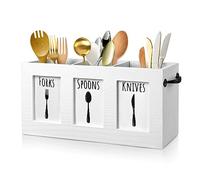 MINCORD Wood Flatware Organizer, Rustic Utensil & Silverware Holder for Forks, Spoons, Knives, Farmhouse Kitchen Cutlery Caddy Bin Countertop - White