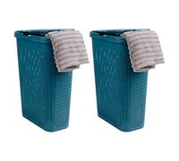 Mind Reader 40L Slim Laundry Hamper, Clothes Basket, Lid, Wicker Design, Plastic, 18"L x 10.4"W x 23.5"H, Set of 2, Blue