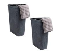 Mind Reader 40L Slim Laundry Hamper, Clothes Basket, Lid, Wicker Design, Plastic, 18"L x 10.4"W x 23.5"H, Set of 2, Gray