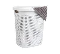Mind Reader 50L Slim Laundry Hamper, Clothes Basket, Lid, Wicker Design, Plastic, 17.65"L x 13.75"W x 21"H, White