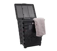 Mind Reader 61L Foldable Laundry Hamper, Clothes Basket, Lid, Wicker Design, Plastic, 18"L x 14.5"W x 21.25"H, Black