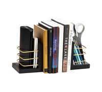 Mind Reader Decorative Basket Bookends, Office Decor with Storage, Wood and Metal, Set of 2, Black and Gold