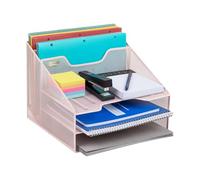 Mind Reader Network Collection, 3-Tier, 5-Compartment Desktop Organizer with 2 Vertical File Holders and 3 Horizontal Paper Trays, Desktop Organizer, Metal Mesh, 12.5" L x 11.5" W x 9.5" H, Pink