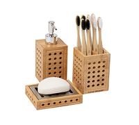 Mind Reader Lattice Collection, Soap Dish, Liquid Soap Dispenser, and Toothbrush Holder Set, Bathroom, Rayon from Bamboo, Brown