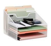 Mind Reader Network Collection, 3-Tier, 5-Compartment Desktop Organizer with 2 Vertical File Holders and 3 Horizontal Paper Trays, Desktop Organizer, Metal Mesh, White