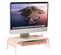 Mind Reader Network Collection, Monitor Stand, 33lb. Capacity, 3-Compartment Storage, 1 Paper Tray and 2 Side Storage Compartments, Desktop Organizer, Metal Mesh, 20" L x 11.5" W x 5.5" H, Pink
