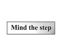 Mind The Step Sign - Self-Adhesive PVC - Chrome Effect - 200mm x 50mm