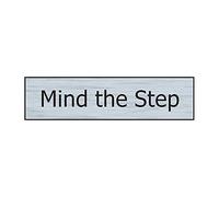 Mind The Step Sign - Self-Adhesive PVC - Stainless Steel Effect - 200mm x 50mm