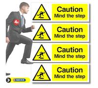 Mind The Step Sign Stickers 4X Pack 200mm x 65mm - Health and Safety Self-Adhesive Vinyl Signs Waterproof Decals Indoor Outdoor, Made in UK by Printkings.