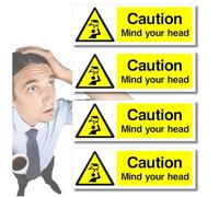 Mind your Head Sign Stickers, 4x pack 300mm x 100mm - Health and Safety, Self-Adhesive Vinyl Signs, Waterproof Decals, Indoor Outdoor, Made in UK by Printkings.