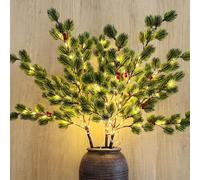 MINDELF 3 PCS Christmas Lighted Branches for Vases, 147 Lights with Pine Needles and Red Berries, Battery Operated, Timer, Handmade Artificial Evergreen Sprig Twinkle Trees for Indoor Outdoor