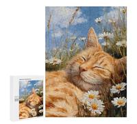 Mindful Gift for Adults: Sleepy Orange Cat in Daisies -1, 500 PCS, Challenging Puzzle for Adults; for Shared Table Time
