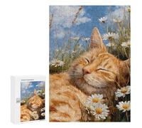 Mindful Gift for Adults: Sleepy Orange Cat in Daisies, 300 PCS, Challenging Puzzle for Adults; for Shared Table Time