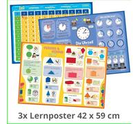 mindmemo Lernposter 3er Set Grundschule - Die Uhrzeit + Formen&Körper + 1x1 Mathe - Grundschul Poster - Zusammenfassung: Grundschule Poster Set - 3x ... - gerollt in wiederverwendbarer Schutzröhre