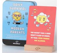 MindMint New Parent Gift for Couples - 50 Funny Affirmation Cards for Parenthood - Dark Humor Gifts for New Mom and Dad in Tin Box with Wooden Stand