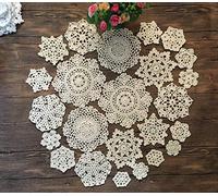 MINDPLUS Set of 24 Hand Crochet Doilies Cotton Crocheted Lace Doilies 2-7 Inches Round Beige (Beige)