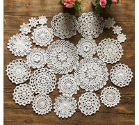 MINDPLUS Set of 24 Hand Crochet Doilies Cotton Lace Placemat Mini Doilies 2-7 Inch Round White Vintage Wedding Tea Party (24pcs White)