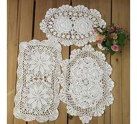 MINDPLUS Set of 3 Cotton Hand Crochet Lace Doily Placemats Oval Rectangle Dresser Scarves Coffee Table Runner Farmhouse Boho Decor (White)