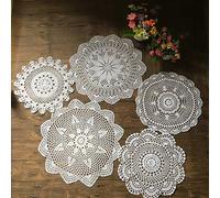 MINDPLUS Set of 5 Hand Crochet Doilies Cotton Crocheted Lace Doilies Table Placemat 12-16 Inches Round White Vintage Wedding Tea Party (White)
