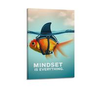Mindset Is Everything Goldfish Shark Fin Wall Art, Perception Shift Motivational Decor Canvas Print for Office And Living Room Artistic Wall Mural Modern Hanging Decor Poster12x18inch(30x45cm)