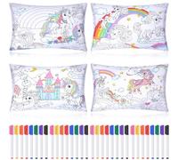 Mindsoft 4 Pcs Unicorn Coloring Pillowcase with 12 Pcs Markers Color Your Own Pillowcase Kit for Coloring Craft Decoration Supplies, 28.7 x 19.7 Inch