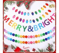 Mindsoft 5 Pcs Felt Christmas Garland Set, Merry and Bright Felt Banner Colorful Pom Pom Garland Christmas Light Bulb Banner Rainbow Holiday Bunting for Xmas Party Office Home Hanging Wall Trees Decor