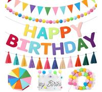 Mindsoft 5 Pcs Pre-Strung Happy Birthday Banner Felt Birthday Decorations Set with Ball Garland, Crown, Pennant Flag, Colorful Thread Tassel for Party Supplies Room Decor, Photo Prop