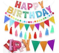 Mindsoft 5 Pcs Pre-Strung Happy Birthday Banner, Glitter Happy Birthday Garland Felt Ball Garland Pennant Banner Colorful Thread Tassel, Personalized Party Decorations(Rainbow)