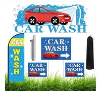 Mindsoft 5 Set Car Wash Sign Include 7 ft Feather Advertising Flag with Pole, 3 Car Wash Yard Sign with Stake, 8 x 11 ft Banner for Outdoor Business Stores Promotion Decoration