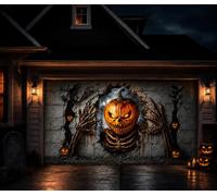 Mindsoft 7x16 ft Halloween Garage Door Cover Haunted House Cemetery Backdrop Banner with Skeleton Pumpkin Weatherproof Polyester Easy Install with Grommets for Outdoor Decoration(Pumpkin Skull)