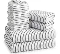 Mindsoft 8 Piece Black and White Striped Bath Towels Set Soft Microfiber Towel Set with Hanging Loops -2 Bath, 2 Hand, 4 Washcloths Absorbent Quick Dry Shower Cloth for Bathroom Hotel