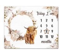 Mindsoft Boho Floral Baby Monthly Milestone Blanket Neutral Bohemian Photo Prop Blanket Personalized Highland Cow Baby Present Pampas Grass Ideas for Newborn Nursery Decor (Brown, Highland Cow)