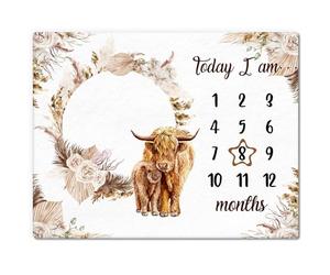 Mindsoft Boho Floral Baby Monthly Milestone Blanket Neutral Bohemian Photo Prop Blanket Personalized Highland Cow Baby Present Pampas Grass Ideas for Newborn Nursery Decor (Brown, Highland Cow)