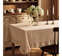 Mindsoft Brown Plaid Ruffled Table Cloth Cotton Linen Rectangle Gingham Tablecloth Classic Farmhouse Vintage Checkered Table Cover Buffalo Plaid Decorative for Home Holiday Party (70 x 52 Inches)
