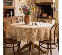 Mindsoft Brown Plaid Ruffled Table Cloth Cotton Linen Round Gingham Tablecloth Classic Farmhouse Vintage Checkered Table Cover Buffalo Plaid Decorative for Home Outdoor Holiday Party (70 x 70 Inches)