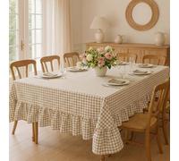 Mindsoft Cotton Linen Ruffle Plaid Tablecloth, Gingham Plaid Fabric, Farmhouse Vintage Buffalo Decorative Tablecloth for Dining Room, Party (132.08 x 177.80 cm, Light Brown)
