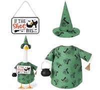 Mindsoft Halloween Goose Outfit Witch Porch Goose Clothes Green Shirt with Broom Candy Bucket Wizard Hat If The Shoe Fits Wooden Sign for 23" Statue Halloween Outdoor Patio Yard Lawn Art Decoration