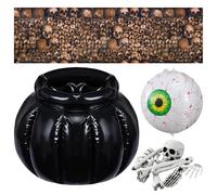 Mindsoft Halloween Party Decoration Kits Include 1 Inflatable Cauldron Cooler 1 Inflatable Eyeball 1 Skulls and Bones Printed Backdrop 12 Skeleton Bones Props for Halloween Party Supplies