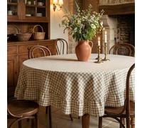 Mindsoft Light Brown Plaid Ruffled Table Cloth Cotton Linen Round Gingham Tablecloth Classic Farmhouse Vintage Checkered Table Cover Buffalo Plaid Decorative for Home Holiday Party (70 x 70 Inches)