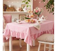 Mindsoft Pink Striped Ruffled Rectangular Tablecloth 52 x 70 Inches
