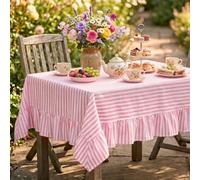Mindsoft Pink Striped Ruffled Rectangular Tablecloth 84 x 60 Inches