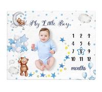 Mindsoft Sleeping Bear Monthly Baby Milestone Blanket Bear Star Balloon Flannel Blanket Boy Newborn Infant Swaddle Growth Baby Frame for Boys Girls Nursery (Blue)