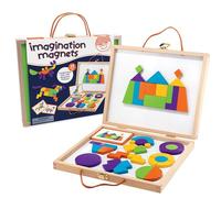 MindWare Imagination Magnets Wooden Pattern Blocks Set - Imaginative Play with magentic Shapes in a Carrying case - 42 Magnetic Solid Wooden Blocks, 50 Full-Color Laminated Puzzles